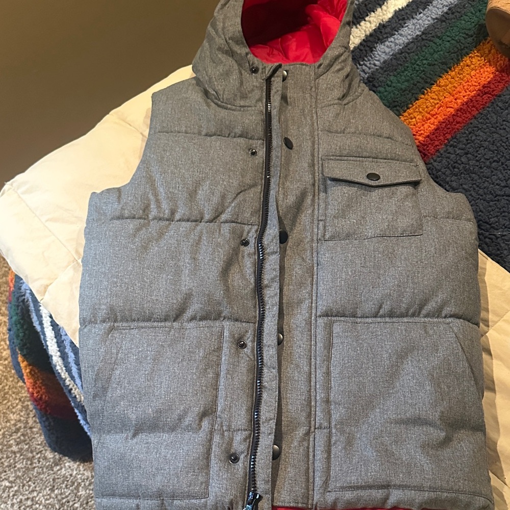 Old Navy Gray and Red Hooded Puffer Vest